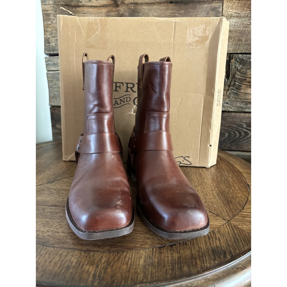 Frye and Co Womens Brown Leather Harness Boots Square Toe Cognac Mid Calf - Picture 3 of 9